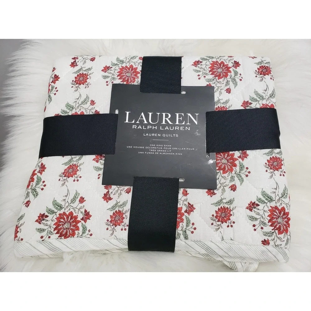 NEW LOT 2 Ralph Lauren Pillow Sham King Quilted Maren Cotton Red White Floral